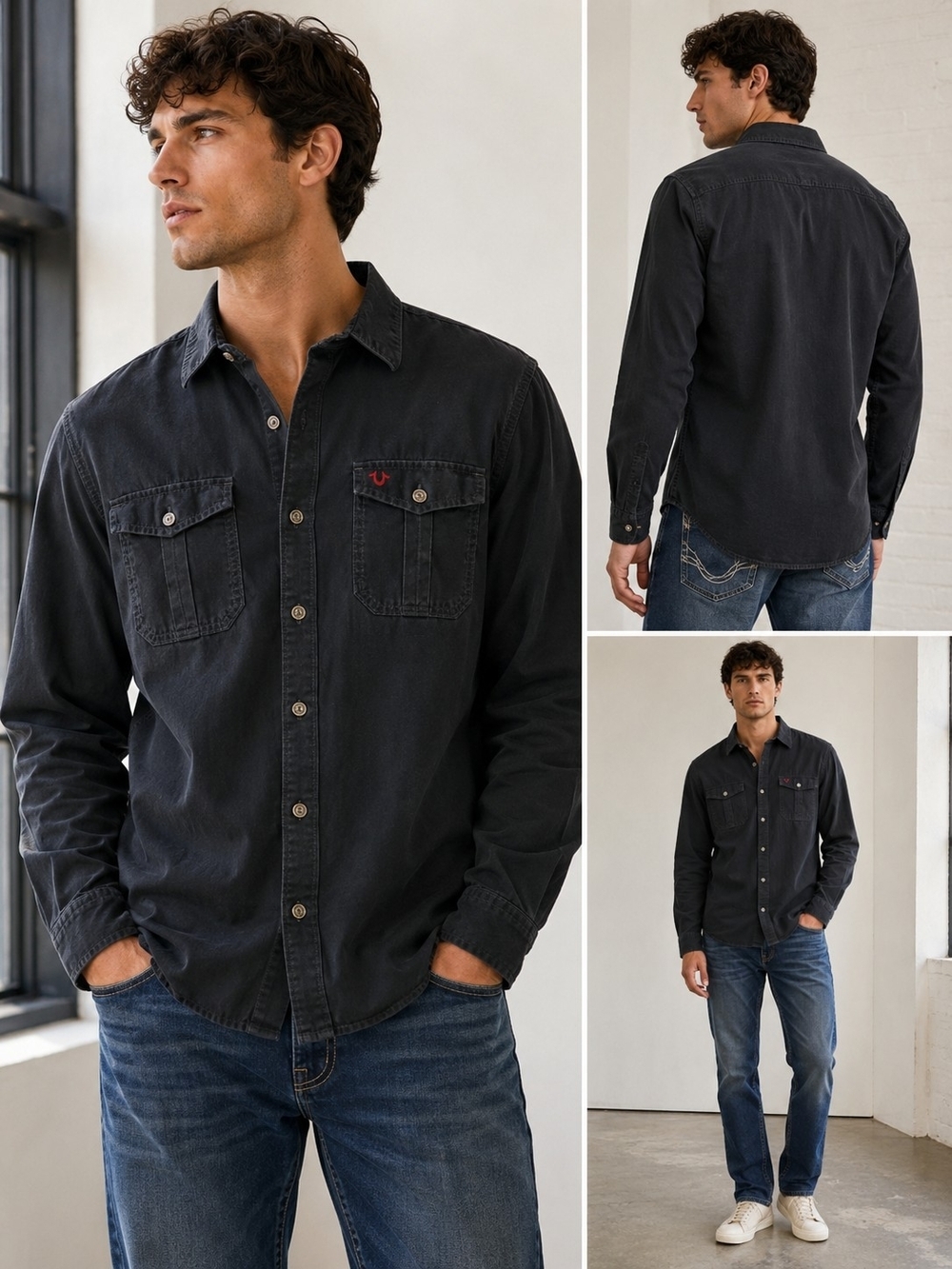 True Religion Men's Black Button-Up Shirt 100% Cotton